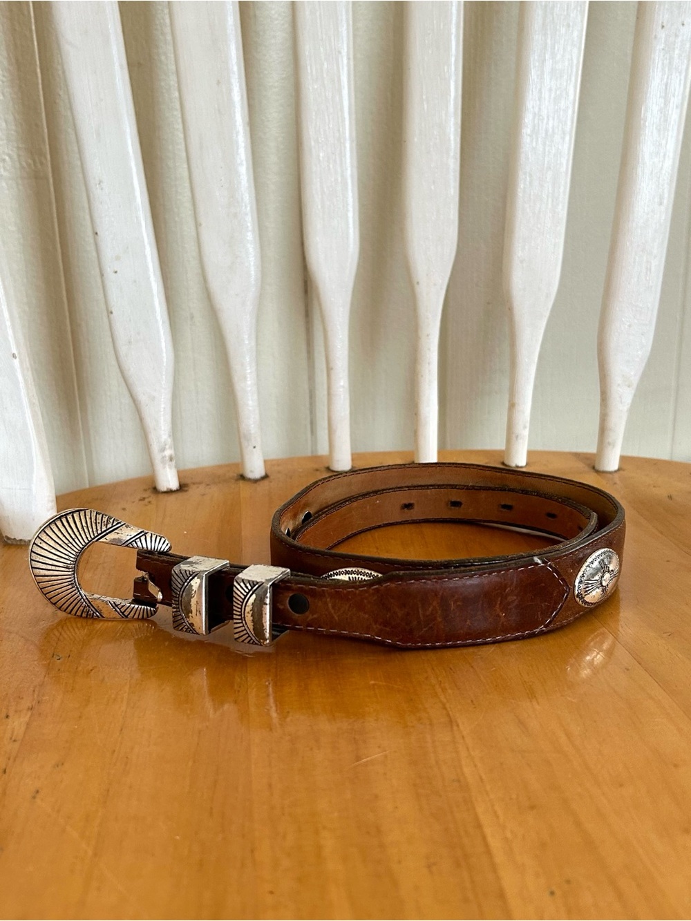 Brown Genuine Full Grain Leather Belt Silver Buckle + Accents 36” inches
